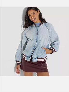 NWT Light Wash Denim Jean Bomber Varsity Jacket with Striped Trim